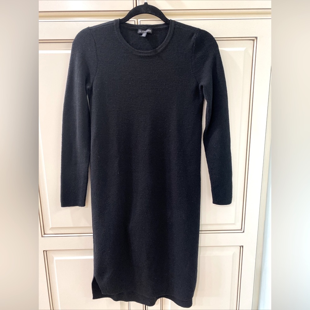 EILEEN FISHER $228 Black Soft Knit 100% Merino Wool Sweater Dress Size XS